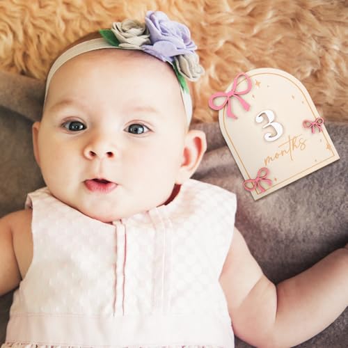 Image of JarThenaAMCS 12Pcs Wooden Baby Monthly Milestone Cards Coquette Pink Bow Marker Discs Announcement Sign Newborn Photo Props for Pregnancy Baby Shower Party Favors