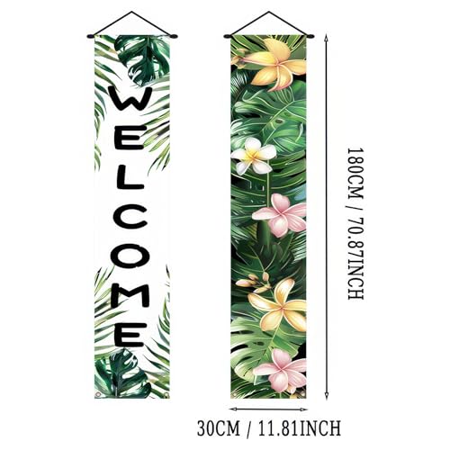 Image of BlissYard 2pcs Welcome Summer Door Banner Hawaiian Porch Banners Sign Summer Sunshine Hibiscus Floral Front Door Hanging Decor Banner for Seasonal Home Hawaii Tropical Party Outdoor Decorations