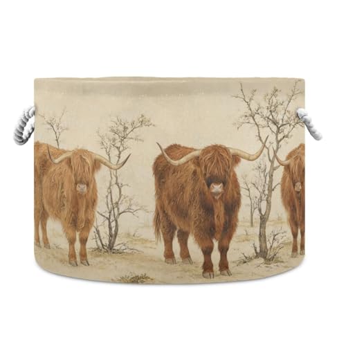 Image of Scottish Highland Cow Cotton Rope Basket, XXX Large Collapsible Storage Basket for Toys, Pillows, Blankets in Living Room, Laundry Room, Bathroom, Home Decor