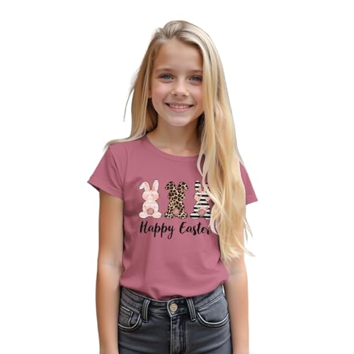 Image of MODNTOGA Girls Happy Easter Shirt Big Kids Easter Outfit Leopard Bunny Graphic T-Shirt Cute Rabbit Print Short Sleeve Tee Top (Pink, 8-9 Years)