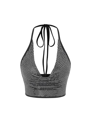 SOLY HUX Women's Sequin Sparkly Halter Top Cowl Neck Tie Backless Party Club Crop Tops