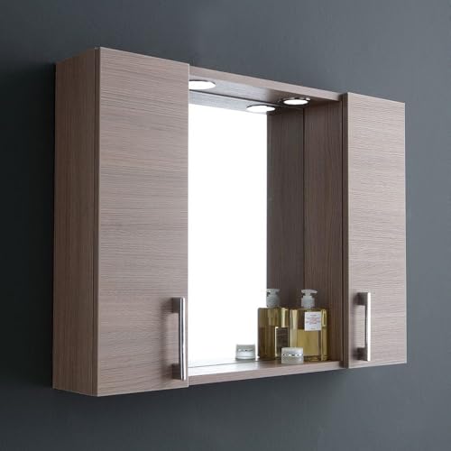 Kiamami Valentina Espejo de Almacenamiento con armarios Laterales, Estante y focos de led 77cm Roble Humo