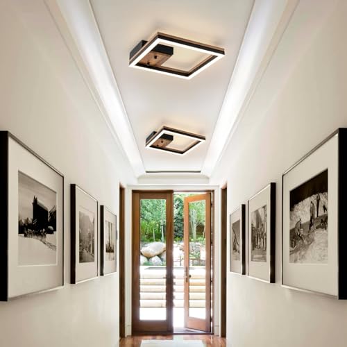 Image of Modern Square Led Ceiling Light, Dimmable Wood LED Flush Mount Ceiling Light Fixture, Minimalist Wood Ceiling Lamp for Kitchen, Bedroom, Hallway