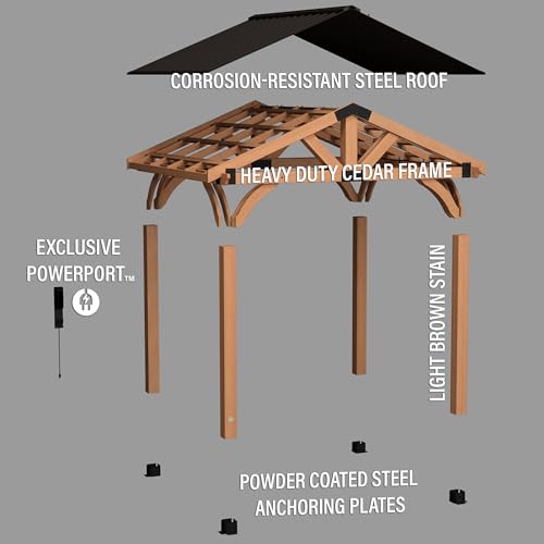 Backyard Discovery Arlington 12' x 10' Cedar Wood Outdoor Gazebo Pavilion with Hardtop Galvanized Steel Peak Roof, Snow Support, Wind Resistance, PowerPort, Shade for Garden, Patio, Deck, Entertaining - image 8