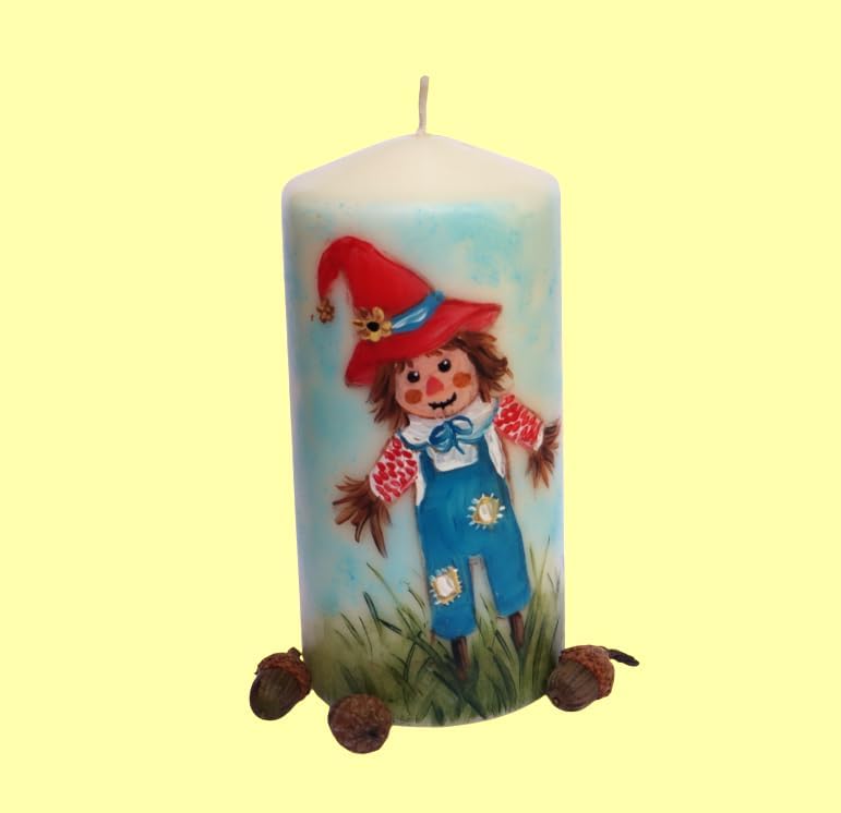 Decorative Large 6 Inch Ivory Fall Pillar Candle with Artist Hand Painted Scarecrow Design Autumn Dining Room Table Autumnal Home Decor