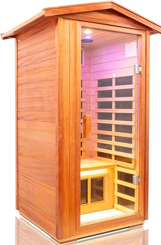 Image of LTCCDSS Outdoor Mahogany Sauna 1 Person, Low EMF Far Infrared Sauna for Home, Withstand Outdoor Temp -10℉-149℉| EMF Readings Below 0.5mG, 9 Low EMF Boards-Chromotherapy-Bluetooth Speaker