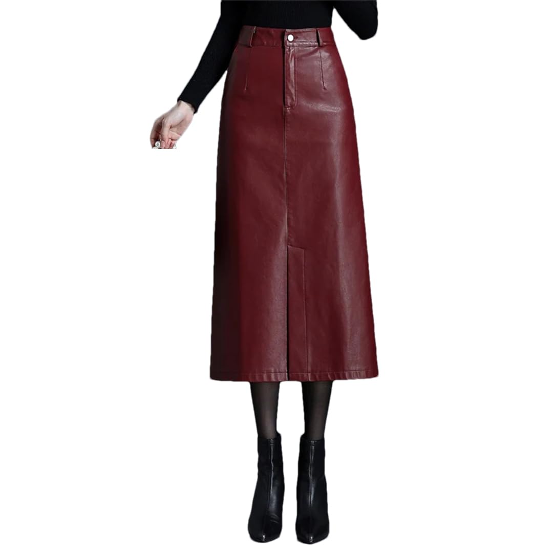 Vogrtcc Gonne in pelle PU da donna con spacco frontale a vita alta gonna lunga dritta in PU
