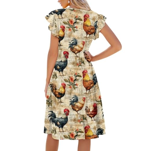 Image of Women's Casual Ruffle Sleeve Dress V Neck Pullover Dress Flowy A-Line Pleated Lightweight Dress with Pockets