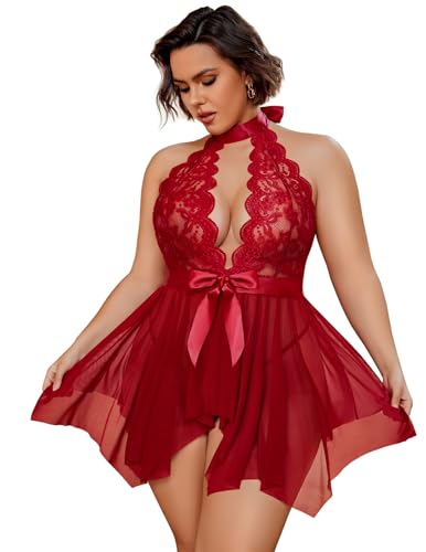Avidlove Plus Size Babydoll for Women V Neck Teddy Chemise Floral Lace Lingerie Cherry Red