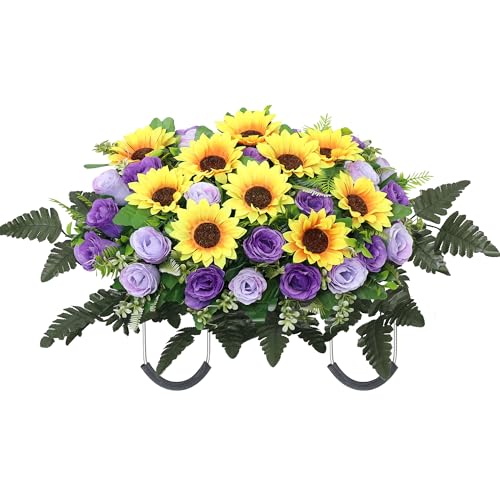 Lodou Artificial Cemetery Flowers Saddle-Shaped Tombstone Decorations,Large Headstone Flower Saddle,Rose Sunflower Memorial Flowers (Purple) image 3
