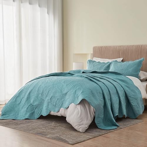 Image of Kingnex Extra Wide Oversized King Bedspreads 128x120 for Tall King or Cal King Bed Ultrasonic Quilted Coverlet Set 3 Piece Include 1 Quilt 2 Pillowcases Blue