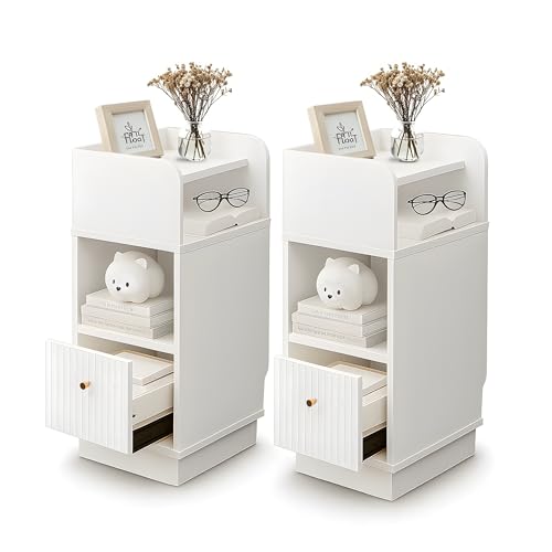 EORMM Mesitas de Noche Estrecha 25 cm, con Cajón y Estante Abierto, 62 cm Altura Ideal para Camas Altas y Sofá, Pequeña y Funcional,Blanca y Moderna para Dormitorio,Pack 2