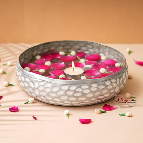 Image of eCraftIndia Silver Metal Urli Bowl for Home Decoration Office Tv Unit Kitchen Showpiece for Good Luck | Urli for Floating Candles Flowers for Pooja Room Entryway Living Room Diwali Gift