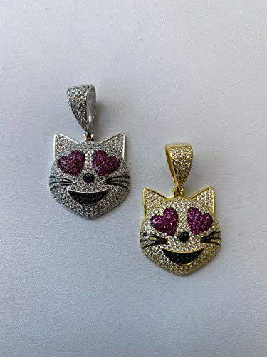 HarlemBling Solid 925 Sterling Silver - Natural Or 14k Gold Finish - Cat Smiley W. Heart Eyes Emoji - 1" Iced Hip Hop Piece Great For Any Necklace4