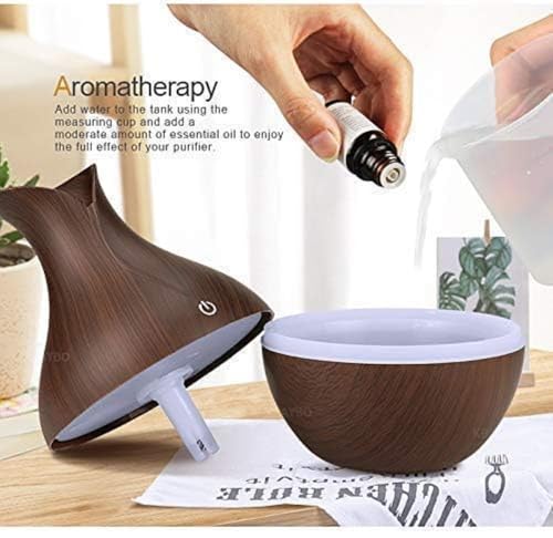 Image of Aroma Diffuser Humidifier with LED Light Ring, Wood Grain Design, USB Powered Mist Diffuser for Essential Oil and Water (Dark Brown Vase)