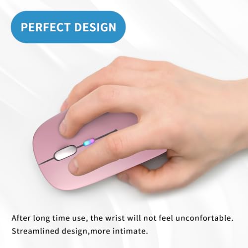 Image of Wireless Bluetooth Mouse, Rechargeable, LED, Silent, Ultra-thin Design (Bluetooth 5.2 and 2.4GHz USB Receiver) | Portable Computer Mouse for Laptops, iPads, MacBooks and Apple Devices (Pink)