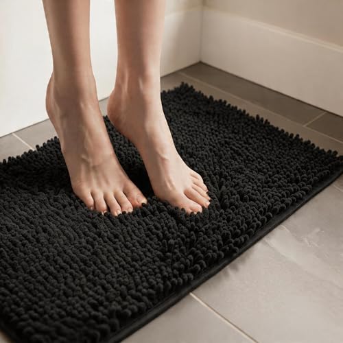 MEGAROOM Non Slip Chenille Bath Mat - Absorbent Bathroom Mat - Extra Soft Bath Mat for Bathroom - Non Slip Anti Mould with 50 x 80 cm Machine Washable Black