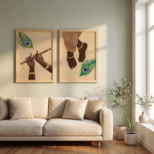 Image of Suneree Krishna Flute Hands Charan Feet Wall Art Painting | Set of 2 Framed Paintings | Spiritual Decor for Living Room Mandir Pooja Room Bedroom | (ART 6, 13x19 INCHES)