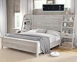 AMERLIFE Queen Bed Frame with Bookcase Headboard & 4-Tier Bedside Shelf, Farmhouse Platform Bed with Charging Station and 2 Drawers, Noise-Free