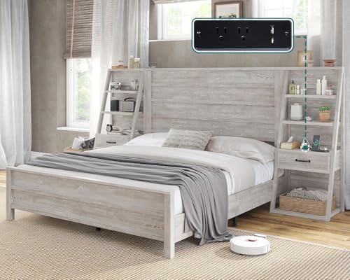 AMERLIFE King Bed Frame with Wide Headboard and 4-Tier Bookshelves, Farmhouse Platform Bed with Charging Station & 2 Drawers, Noise-Free, No Box Spring Needed, Rustic White