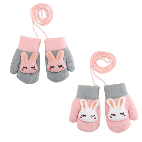dinghaole 2 Paires Moufles Bébé Mitaines Tricoté Chaud Douce,Moufles Polaire pour Enfants 0 à 3 Ans,Cartoon Mignon Gloves avec Corde Epais Chaud Mitaines...