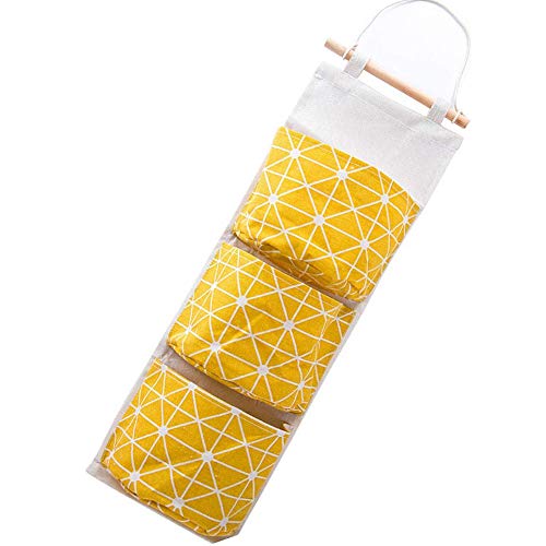 YuamMei 1 Paquete Bolsa de Almacenamiento para Colgar en la Pared, 3 cuadrículas Tela de algodón de Lino Impermeabiliza el Organizador del Armario de la Puerta para el Dormitorio y el baño (Amarillo) Cover