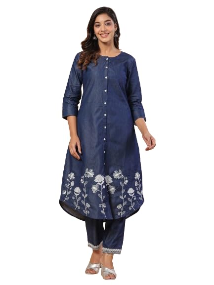 Image of SAVI Women's Blue Denim Embroidered Kurta | Round Neck Front Button A-Line Kurti with 3 /4 Sleeves | Ethnic Casual Wear