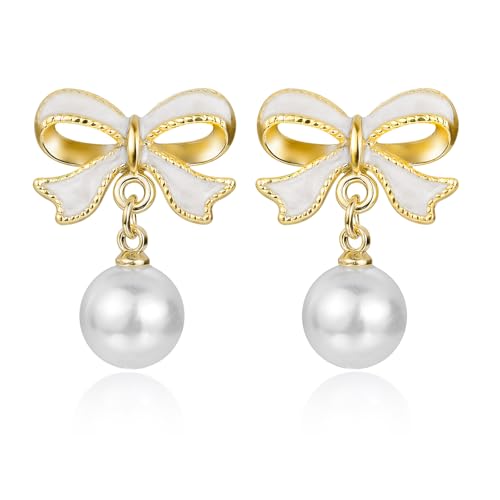 Gold Plated Bow Pearl Drop Dangle Earrings for Women Trendy Cute Elegant Bowknot Jewelry Perfect Preppy Birthday Gift for Her | Wedding Party Daily Wear (White)