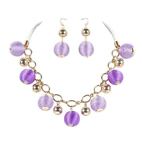 Bocar Fashion Collar Necklace with Thread Ball Pendant Earring Jewelry Set for Women (NK-10491-purple+White)