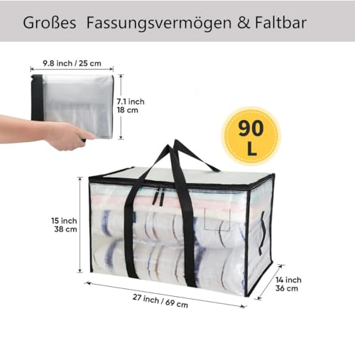 Mesiria 2 Pack Clear Clothes Storage Bags Water Resistant Thickened Storage Bag, 91L Large Foldable Packing Boxes Wardrobe Organizer Moving Bags for Bedding Clothes Blanket Duvet Toys