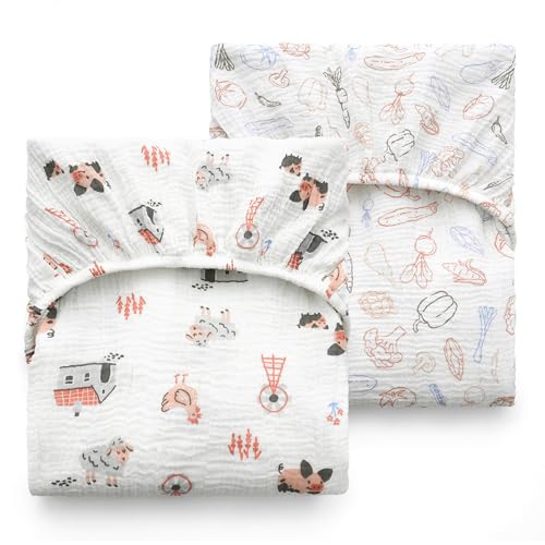 Image of Momcozy Muslin Standard Fitted Crib Sheets, 52"x28", 2 Pack Soft Breathable Natural Cotton Baby Mattress Sheet, 360° Mattress Wrapping No Slip Boys Girls Neutral Toddler Bed Sheet, Farming Joy