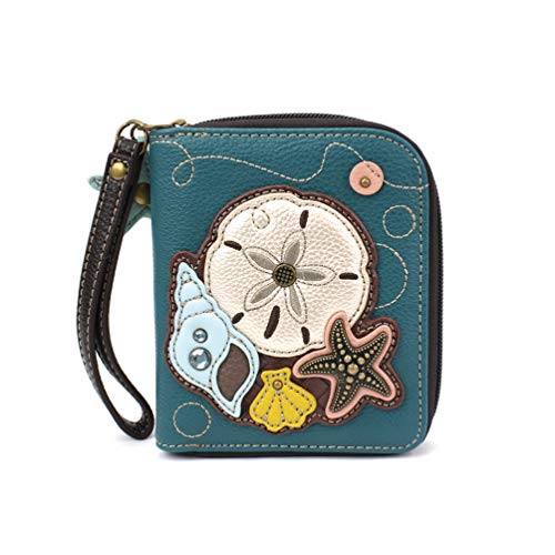 Image of CHALA Zip Around Wallet, Wristlet, 8 Credit Card Slots, Sturdy Pu Leather - Sand Dollar - Turquoise