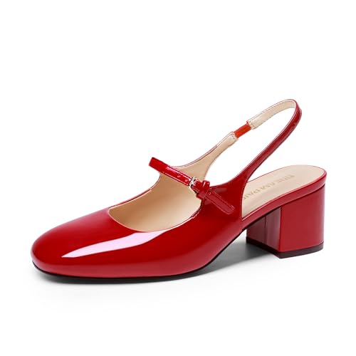 DREAM PAIRS Zapatos de Tacón Bajo Tipo Mary Jane para Mujer, con Tira Trasera, Punta Cuadrada, Ideales para Bodas, Fiestas, Trabajo y Oficina.,Size 38,Rojo,SDPU26005W