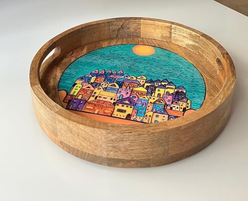 Image of Wooden Designer Round Serving Tray - 12 Inch | Premium Mango Wood Decorative | Eco-Friendly Non-Toxic Multipurpose Serving Tray for Tea, Coffee, Snacks, Kitchen & Gifting(Teal Blue FC)