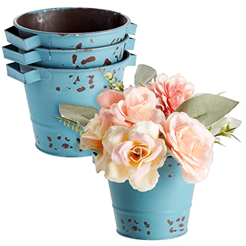 4 Pack Small Galvanized Buckets With Handles, Blue Metal Tin Planters For Plants, Flower Pots (5 X 4 Inch) #TOP11