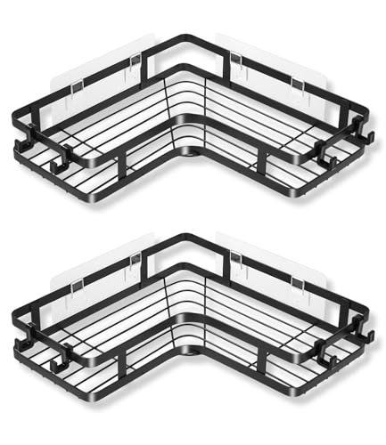 Bixury Estanteria Baño sin Tornillos, 2 Piezas Estanteria de Esquina para Ducha, Ducha Esquina sin Taladro con 8 Ganchos, Rinconera Ducha Soporte Gel Ducha, Accesorios de Baño sin Taladro