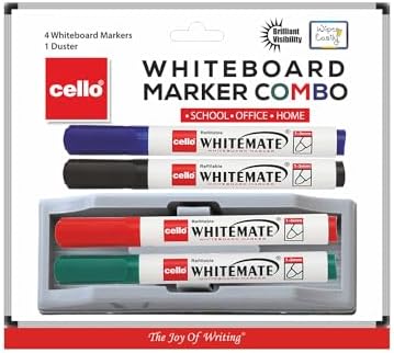 Cello Whitemate Whiteboard Markers | Set Of 4 Markers And 1 Duster | 4 Assorted Ink Colours | Bold Point Marker Pens With Easily Refillable And Erasable Ink | Writes Longer.