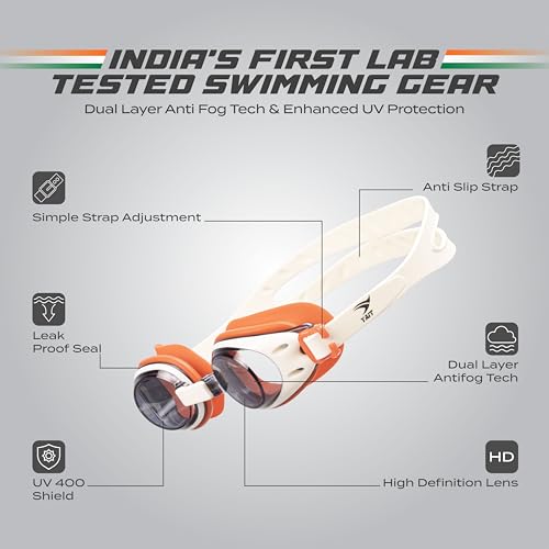 Image of AquaElite High Clarity Swimming Goggles for Men & Women | Lab tested by Experts | Dual Anti Fog Tech with UV Protection 400 | Polycarbonate Lens with Easy adjustment system - Orange & White