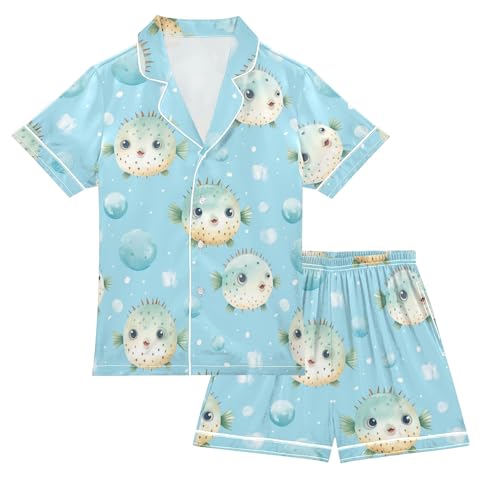 Blue Puffer Fish Pattern Summer Satin Pajama Set, Cute Button-Down Sleepwear Pj Set for Sleep Wears