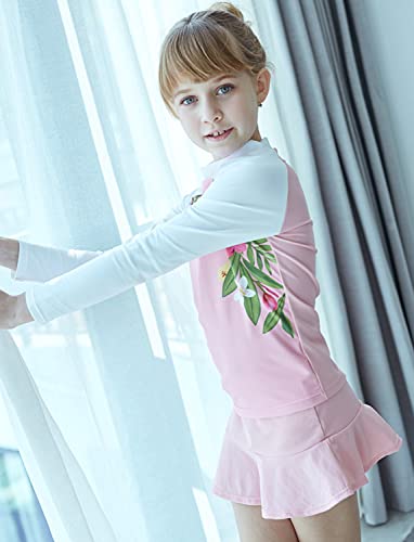 Image of PHIBEE Girls' Rash Guard Set Long Sleeve UPF 50+ Sun Protection Two-Piece Swimwear Pink /White 12