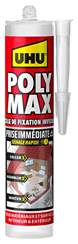 UHU Polymax prise immédiate invisible- Mastic/colle de fixation MSP pour coller, assembler et jointer, toutes surfaces, ultra solide, sans solvants, transparent, cartouche 300 g