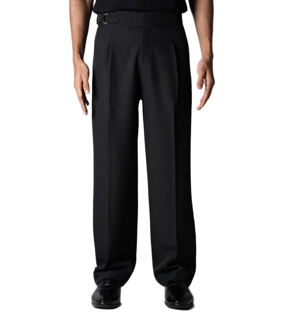 Men Italian Style Straight Fit Trousers | Black Formal Pants with Integrated D Ring Belt | Single Pleat Textured Fabric-image-13