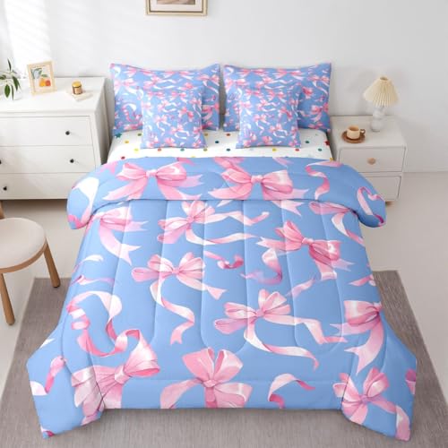 Image of Princess Bow Full Size Bed Sheets and Comforter Set | Kawaii Bow Tie 7 Piece Bedding Set Pink Bowknot Bed in a Bag, Dreamy Ribbon Bow-Tie Room Decor,Blue