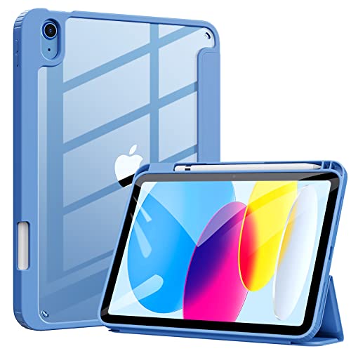 ZtotopCases Funda para iPad 10ª Generación 2022, Funda iPad 10,9 Pulgadas con Portalápiz, Cubierta de Tapa Dura Transparente deTres Pliegues Ligera, Funda con Reposo y Activación Automática, Azul Cover