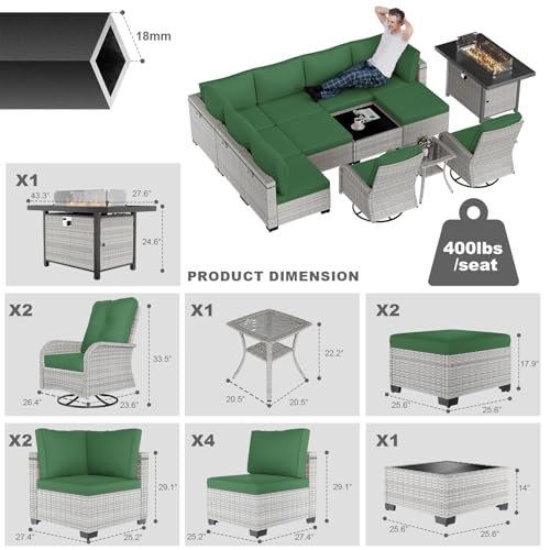 Image of 13-Piece Patio Furniture Set, Outdoor Patio Furniture with Swivel Chairs Set, Ottomans, 55,000 BTU Fire Pit Table, Modular Patio Sofa, Dual-Strand Wicker Rattan, Rust-Resistant Frame, Dark Green