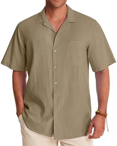 Image of Alimens & Gentle Mens Linen Shirts Cotton Hawaiian Shirts Short Sleeve Button Down Shirts Casual Summer Beach Tops