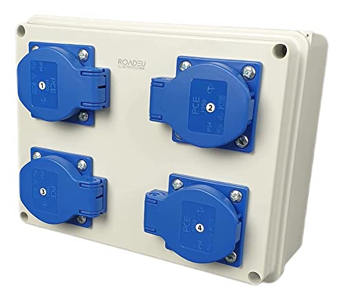 RoadEu - Quadro Elettrico di Distribuzione 16A - Distributore a parete 4 prese Schuko 230V 16A - Distributore di corrente da cantiere 16A - presa a muro per uso interno ed esterno IP54