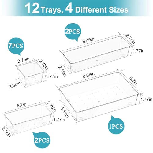 Manalete Drawer Organizers Set of 12, 4 Sizes Clear Plastic Drawer Organizers and Storage Bins for Kitchen, Bathroom, Office, Dresser Desk Drawer Organizer Tray for Jewelry, Makeup, Junk, Gadgets - Image 2