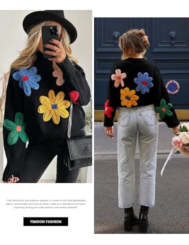 Image of Yimoon Women's Cropped Floral Sweater 2024 Fall Winter Cute Crochet Flower Long Sleeve Knit Pullover Tops(Black-S)
