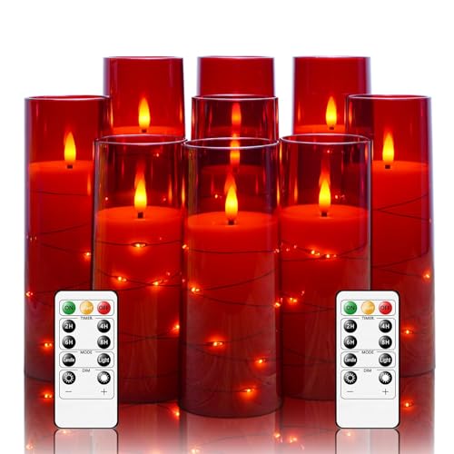 Image of Red Flameless LED Candles | 9 Pc Set with Timer | 5 inch, 6 inch, 7 inch - 3 Each Size | Embedded Star String Lights | Acrylic Shell | Battery Operated | Romantic Ambiance & Home Decor